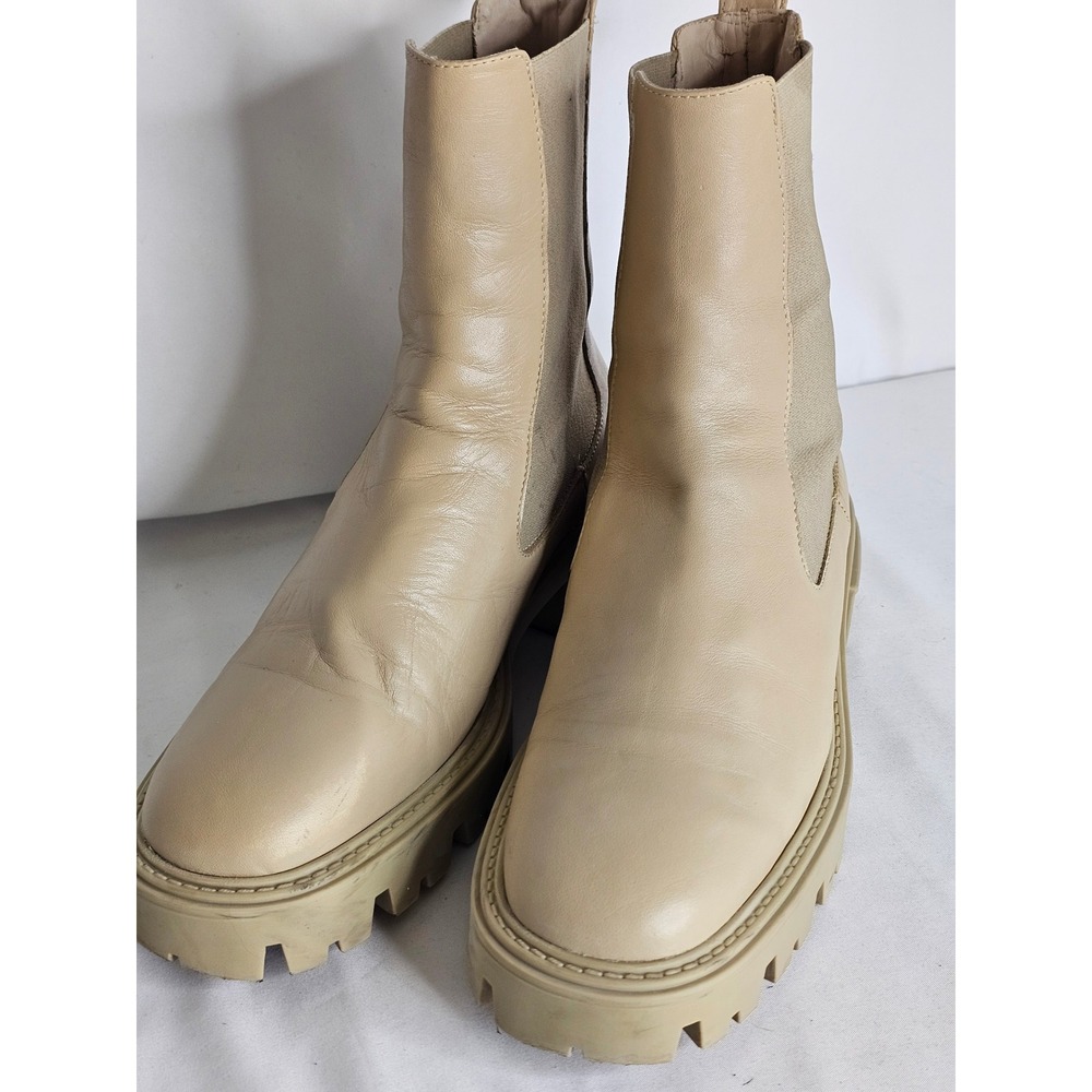 Zara Womens Beige Leather Lug Sole Chelsea Boots‎ Chunky Platform Ankle Boot 40